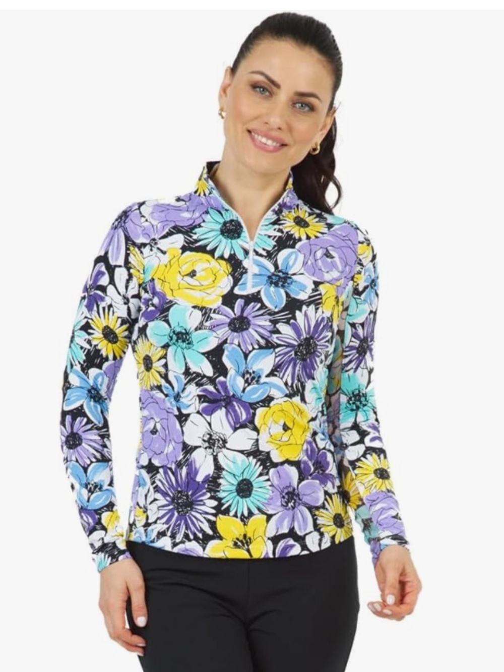 IBKUL long-sleeve athleisure top in the lavender-multi floral size Medium